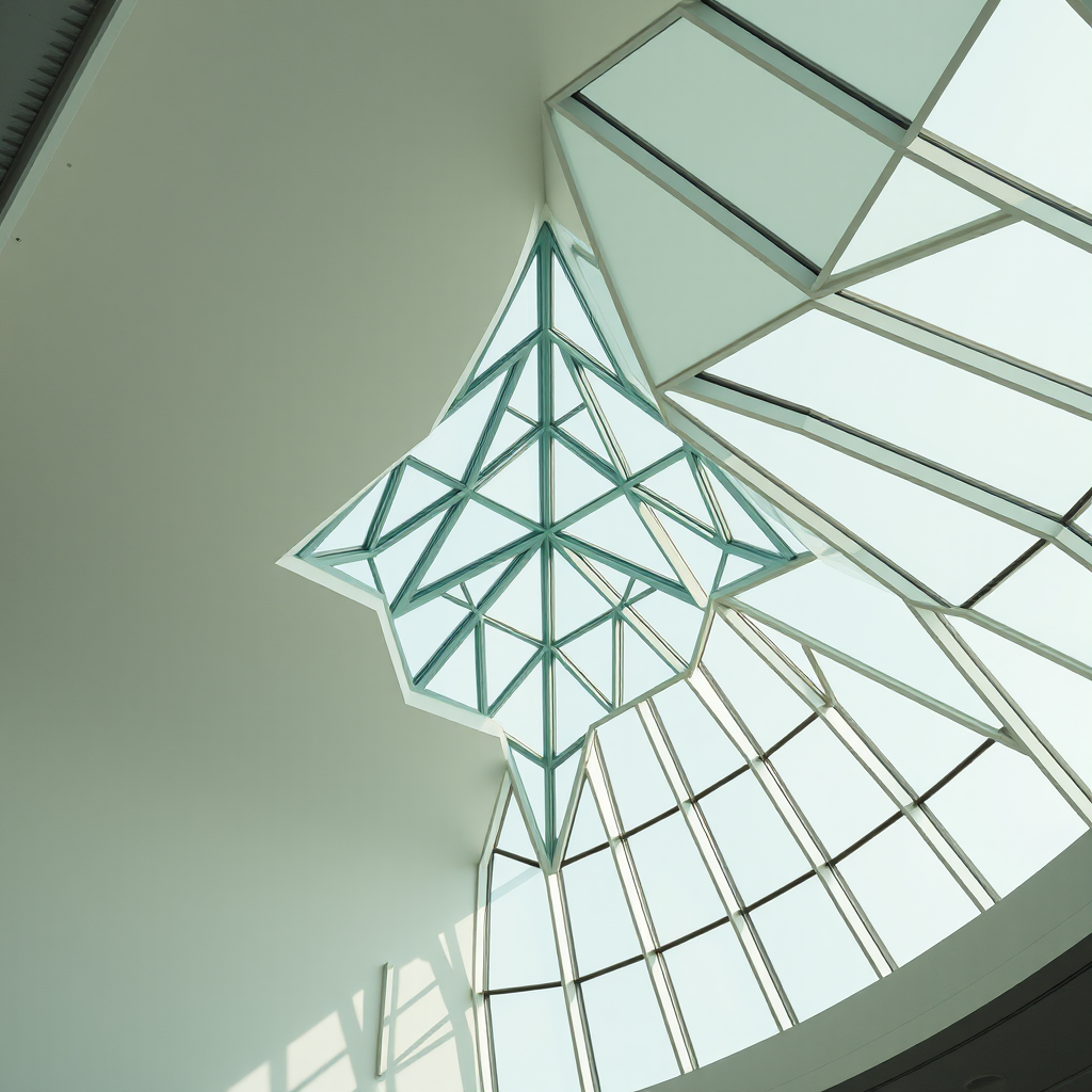 Regenerate an image of a modern architectural ceiling with a geometric triangular glass pattern, shot in natural light with a Canon EOS R5, aperture f/8, ISO 100, 24mm lens, wide-angle view for enhanced depth and clarity.