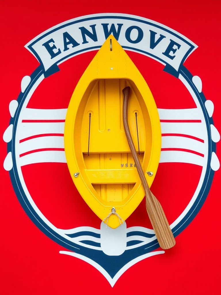 Create a vibrant emblem featuring a yellow wooden boat with an oar on a red background, shot with a DSLR camera at f/8 aperture, ISO 100, and a focal length of 50mm, in a flat lay style for enhanced image quality.