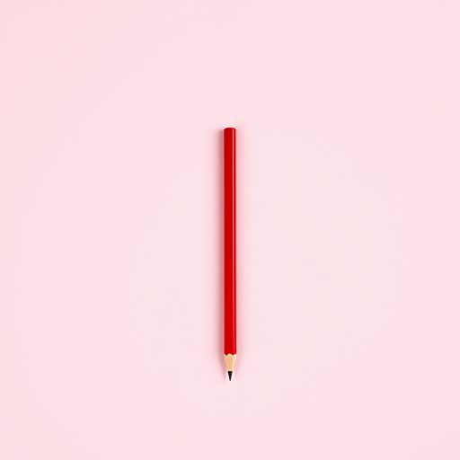 red pencil on a solid pink background, camera settings: aperture f/2.8, ISO 100, shutter speed 1/250s, camera view: straight-on, camera style: minimalist, camera type: DSLR