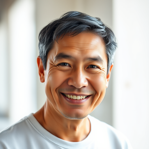 Generate a high-quality vector portrait of a middle-aged Asian man with a friendly expression, shot in 50mm lens, f/1.8 aperture, in natural light, using a mirrorless camera with a soft focus background.
