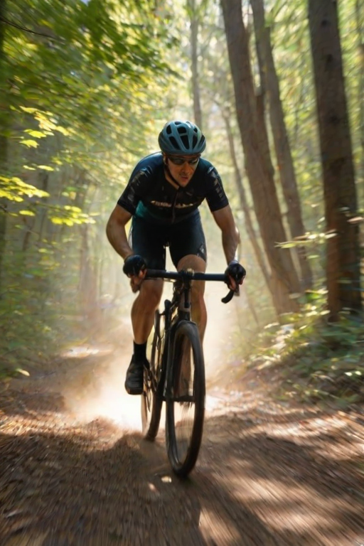Blurry action photo of a cyclist speeding through a forest trail, leaves and branches blurring in motion, with soft sunlight filtering through the canopy and dust rising from the trail.