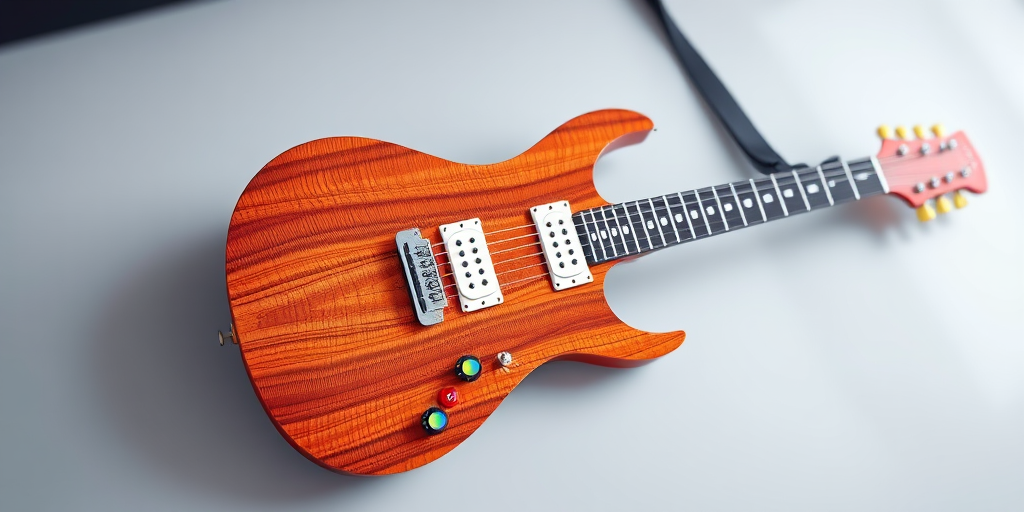 high-quality 3D render of an electric guitar with a unique star shape, detailed wood texture, vibrant colorful buttons, soft-focus foreground and sharp background, studio lighting, camera settings: ISO 100, f/8, 1/125 sec, camera view: angled overhead, camera style: realistic, camera type: digital SLR