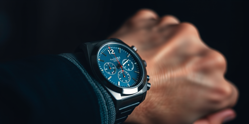 Close-up shot of a hand wearing a silver chronograph watch with a blue dial, low-light setting, aperture f/2.8, shutter speed 1/60 sec, ISO 200, macro lens, DSLR camera, focus on watch details and hand texture.