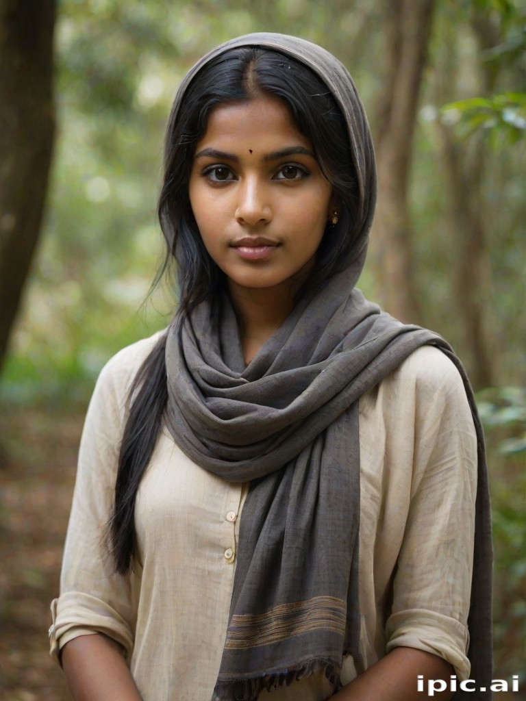 Create a portrait of a young Sri Lankan woman with long, dark hair and captivating hazel eyes. She is wearing a dark headscarf and a matching scarf draped gracefully around her neck. The background is softly blurred, focusing attention on her serene and natural expression. The overall color palette is muted and warm, enhancing the intimate and authentic feel of the portrait.