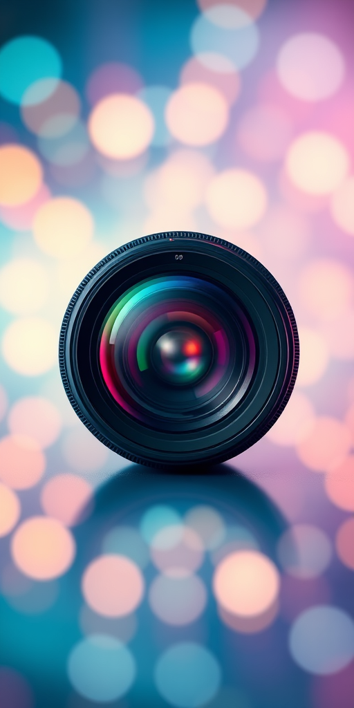 Create a high-resolution digital illustration of a camera lens centered on a vibrant background with circular light patterns, using a 50mm lens, f/2.8 aperture, ISO 100, 1/200s shutter speed, shot from a straight-on view, in a macro photography style with soft focus effects.