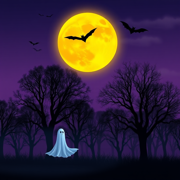 Create a digital illustration of a spooky landscape at night featuring a glowing yellow moon, a ghostly figure, and bats flying, with dark trees silhouetted against a purple sky, using a Canon EOS 5D Mark IV with a 24mm lens at f/11, ISO 100, and a long exposure to capture vibrant colors and details.