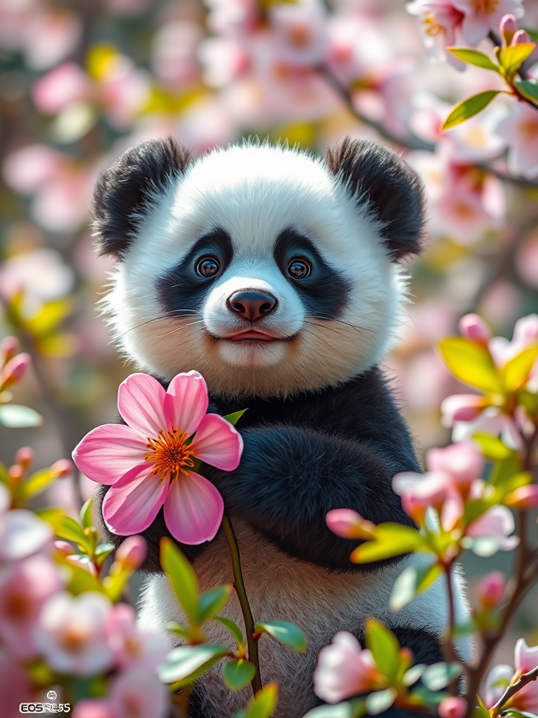 Create a high-resolution image of a cute cartoon panda holding a pink flower among cherry blossoms, captured with a Canon EOS R5, 50mm lens, aperture f/1.8, soft focus background, vibrant colors, natural light.