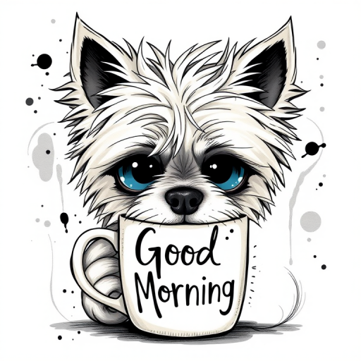 A quirky, artistic illustration of a disheveled chinaranian dog breed with exaggerated, large eyes and spiky fur, holding a coffee mug that reads "Good Morning". The dog has a tired but humorous expression, with ink splatters and abstract details surrounding it, giving a whimsical feel to the image. The color palette is mostly monochrome with hints of blue in the eyes and steam rising from the mug, enhancing the overall sleepy vibe