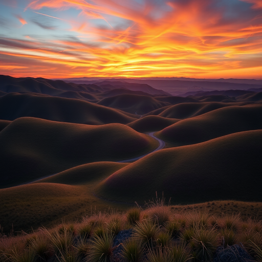 Create a high-resolution image of a serene landscape featuring rolling hills and a colorful sunset, captured with a Canon EOS R5 camera, 24-70mm lens at f/8, ISO 100, 1/125s shutter speed, using a wide-angle view for enhanced depth and clarity.