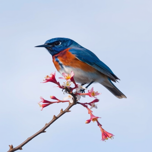 Bluebird perched on a flowering branch against a soft blue sky, sharp focus, aperture f/2.8, ISO 100, 50mm lens, DSLR camera, natural light, shallow depth of field.
