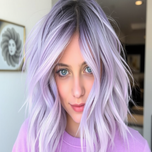 Soft lavender lob with loose beachy waves, subtle root shadow for depth, effortlessly tousled styling exuding a carefree and youthful vibe