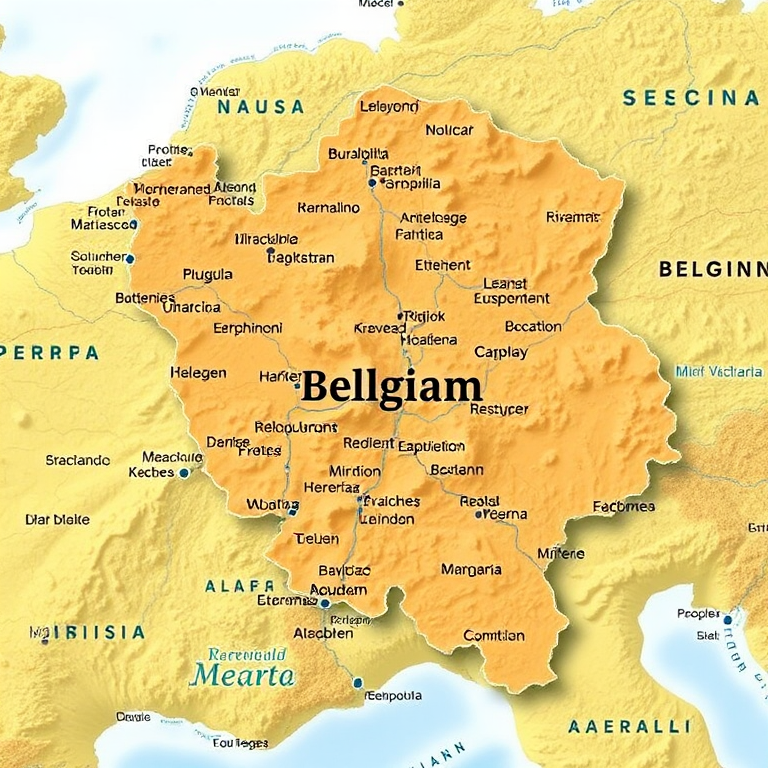 Create a detailed map of Belgium with clear borders and labeled regions, using a high-resolution camera with a focal length of 50mm, aperture set to f/8, shot from an aerial view, styled as a digital illustration.