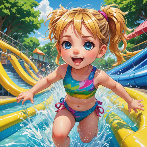 A sassy caricature toddler girl with medium highlighted hair in a messy braid, light eyes, fluffy long lashes, silly funny faces, wearing a colorful swimsuit, going down a waterslide face first, lots of water, created in highlighted chalk style, vibrant colors, background is a park with acrylic paint, airbrush