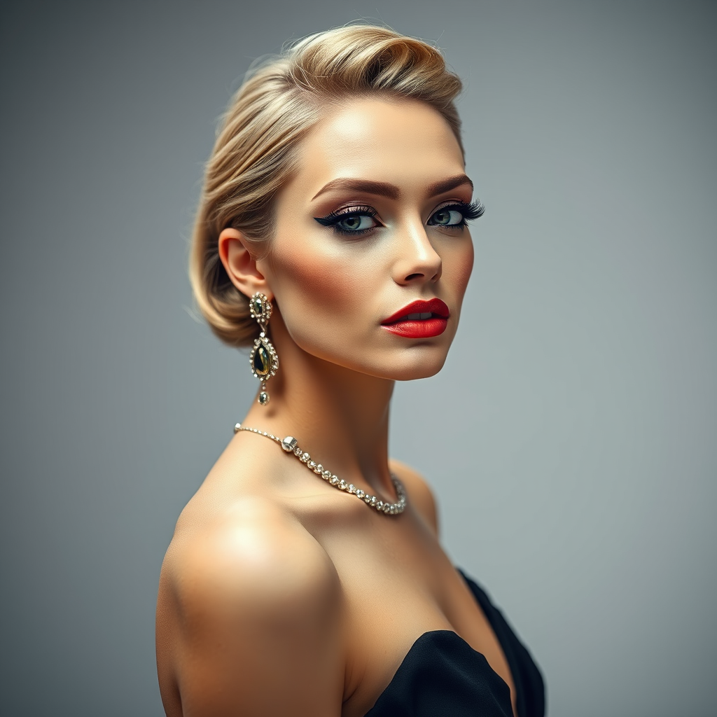 Studio portrait, female model, elegant couture dress, bold makeup, dramatic lighting, Shoot over the shoulder using a telephoto lens to focus on small details like jewelry, makeup, or fabric textures