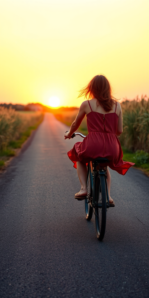 Quiet country road at sunset, tall grass swaying in the breeze, a woman rides a bicycle slowly down the path, her sundress fluttering behind her as the warm light bathes the landscape.