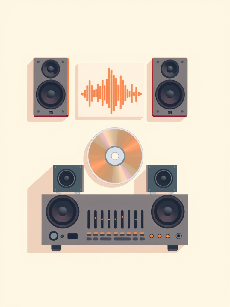 Create a digital illustration featuring audio equipment, including a sound wave graphic, speakers, a CD, and equalizer sliders, using a high-resolution camera at F-stop 4.0, ISO 100, 24mm lens, with a flat lay view in a minimalist style.