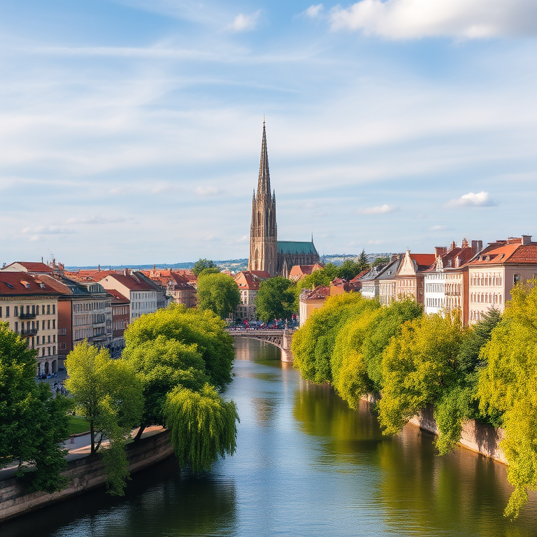 Generate a high-resolution image of a picturesque river scene in a European city with historical architecture, a tall cathedral spire in the background, vibrant green trees lining the riverbanks, and a clear blue sky with soft clouds, using a DSLR camera with a 24mm lens, aperture set to f/8, ISO 100, and shot from a high vantage point for a panoramic view.