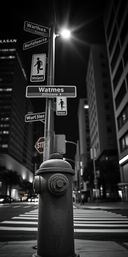 night cityscape with street signs and buildings, low-angle view, wide aperture f/1.8, ISO 800, shutter speed 1/60s, mirrorless camera, black and white style, high contrast, urban environment, focus on fire hydrant
