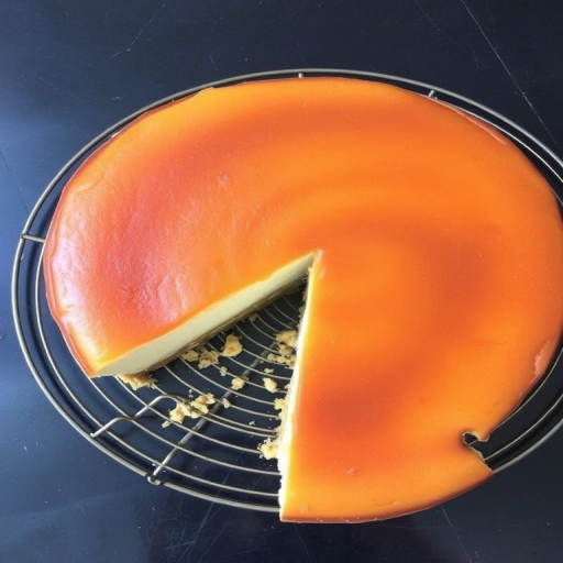 A freshly baked cheesecake with a golden brown top, resting on a round wire rack, with a slice removed revealing its creamy interior and crumbly crust, set against a dark surface.