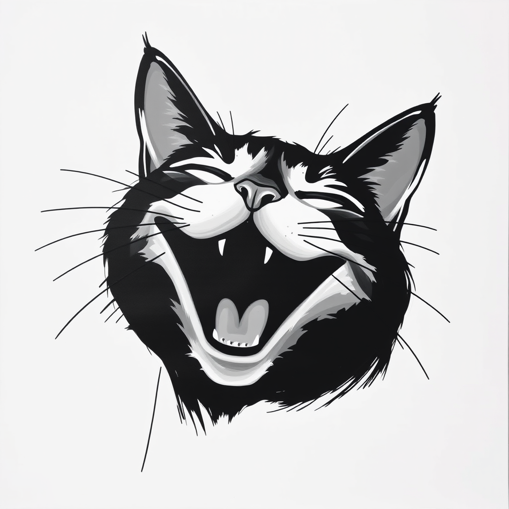 Abstract black and white acrylic portrait of an over exaggerated laughing (cat). Minimalism style. White background.
