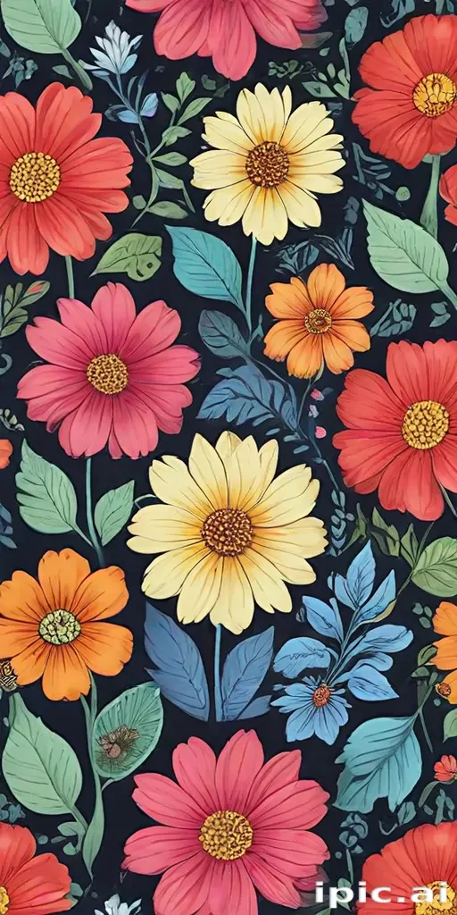 Vibrant Floral Pattern Featuring Colorful Flowers Against a Dark Background