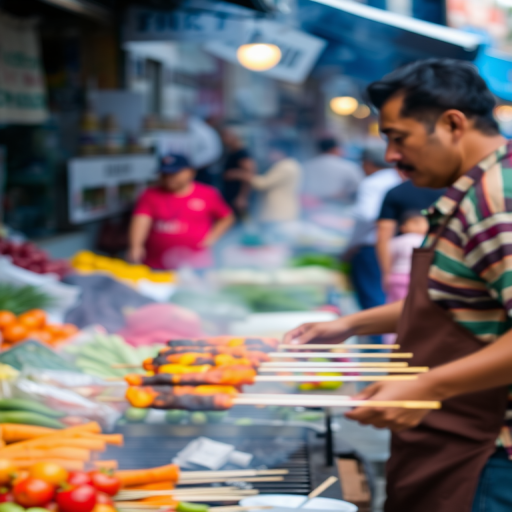 Blurry, candid shot of a street vendor grilling skewers at an outdoor market, soft smoke rising from the grill, with colorful produce and lively shoppers blurred in the background.