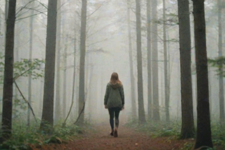 Blurry, candid shot of a couple holding hands while walking through a misty forest, soft focus on the fog rolling through the trees, distant birds singing in the background, and a feeling of quiet connection.