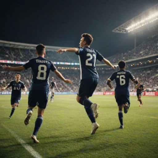 Blurry action shot of a soccer team celebrating a goal, players jumping in mid-air, arms raised in victory, stadium lights casting harsh shadows, and distant fans waving flags and cheering loudly.