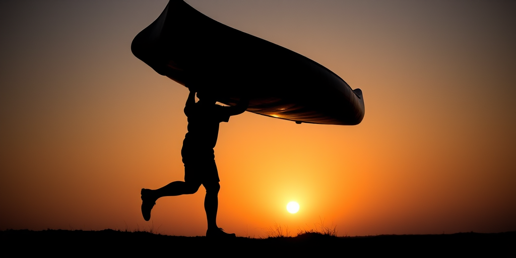 Create a silhouette of a person carrying a canoe, shot with a Canon EOS R5, f/8 aperture, 1/500 sec shutter speed, ISO 100, from a low-angle perspective, emphasizing the height and shape of the canoe against a clear sunset background.