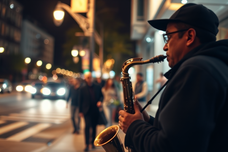 Blurry, candid shot of a street performer playing a saxophone on a busy corner, soft glow from nearby streetlights illuminating their silhouette, distant pedestrians walking by, and the sound of jazz music filling the night air.