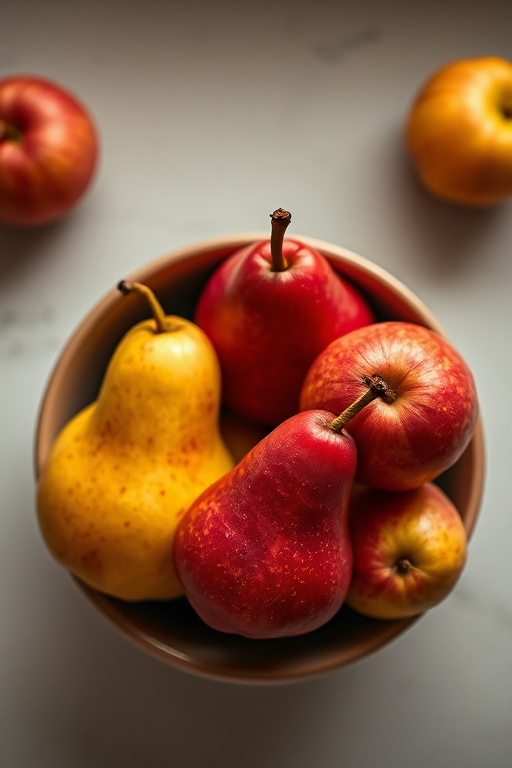 photograph a bowl of red and yellow pears arranged aesthetically, using aCanon EOS 5D Mark IV camera, 50mm lens, aperture f/2.8, ISO 200, natural lighting, top-down view, focus on fruit textures and colors, soft background blur.