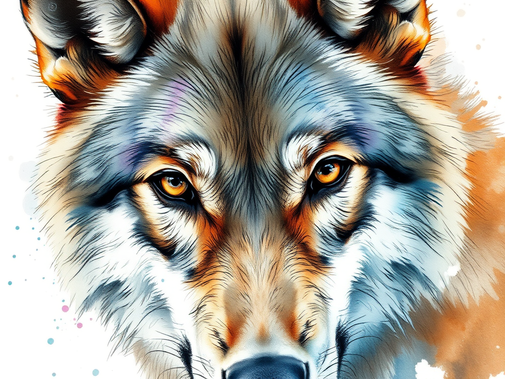 create a high-resolution watercolor sketch of a wolf with intricate details and soft splashes of color, using a Canon EOS R5 camera with an 85mm f/1.2 lens, aperture set to f/2.8, ISO 100, and a shutter speed of 1/125s, capturing a close-up view with an artistic focus on the wolf's expressive eyes and fur texture.