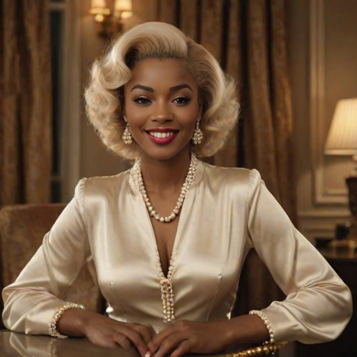 A beautiful Afro-Caribbean woman reminiscent of 1950s Hollywood glamour, with perfectly styled blonde hair and a seductive smile, dressed in a satin blouse and adorned with pearls, soft and warm tones, photorealistic, 8K