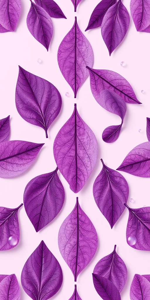 high-resolution pattern of stylized leaves in muted purple tones with soft pastel bubbles in the background, shot with a Canon EOS R, 50mm lens, f/2.8, ISO 100, soft natural lighting, top-down perspective, vibrant colors and smooth textures