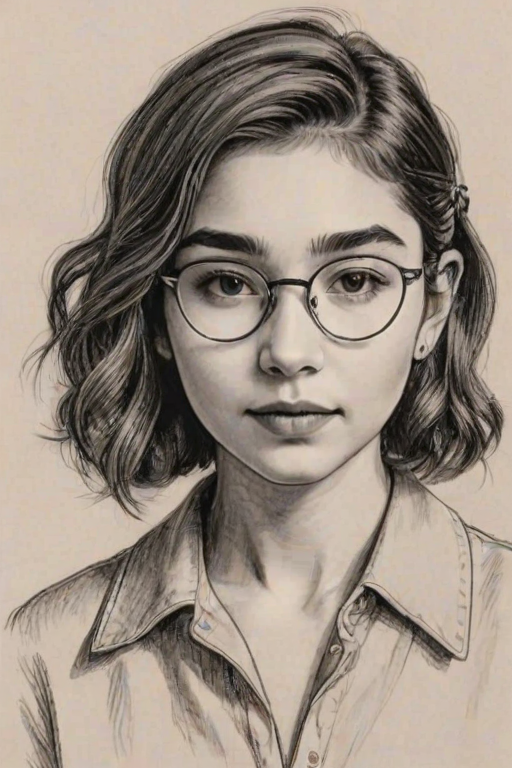 Graceful Rowan Blanchard, pencil sketch, portrait of Magnificent woman 1921s in glasses, hair style beatnik, outline, clear lines, fine lines, 8k