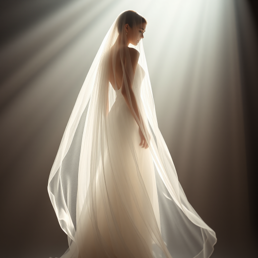 Create an ethereal image of a person in a flowing, translucent white gown with long veil standing in soft light beams, captured with a Canon EOS R5, 50mm f/1.2 lens, aperture at f/1.8, ISO 100, with a backlit silhouette effect and high dynamic range for enhanced detail and softness.