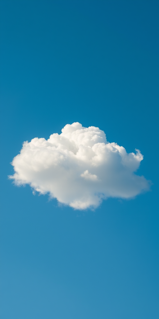 Create a fluffy white cloud on a clear blue sky background, shot with a Canon EOS R5, 50mm lens, aperture f/2.8, ISO 100, using a high dynamic range technique for enhanced detail and clarity.