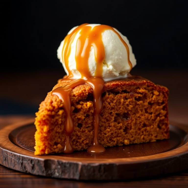 A slice of moist pumpkin cake topped with creamy vanilla ice cream and drizzled with rich caramel sauce, presented on a dark wooden surface with a blurred black background.