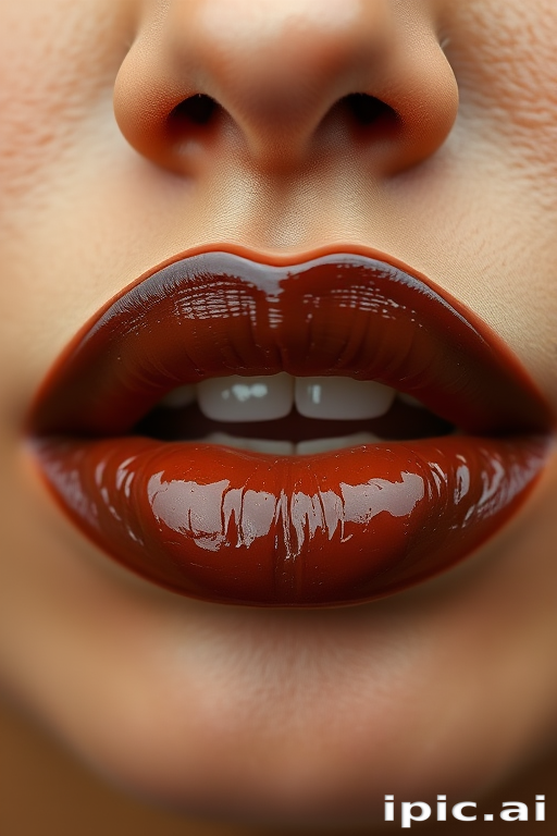 Chocolate brown lips with a glossy finish, rich and indulgent in appearance, ideal for a cozy autumn day or a coffee-themed photoshoot