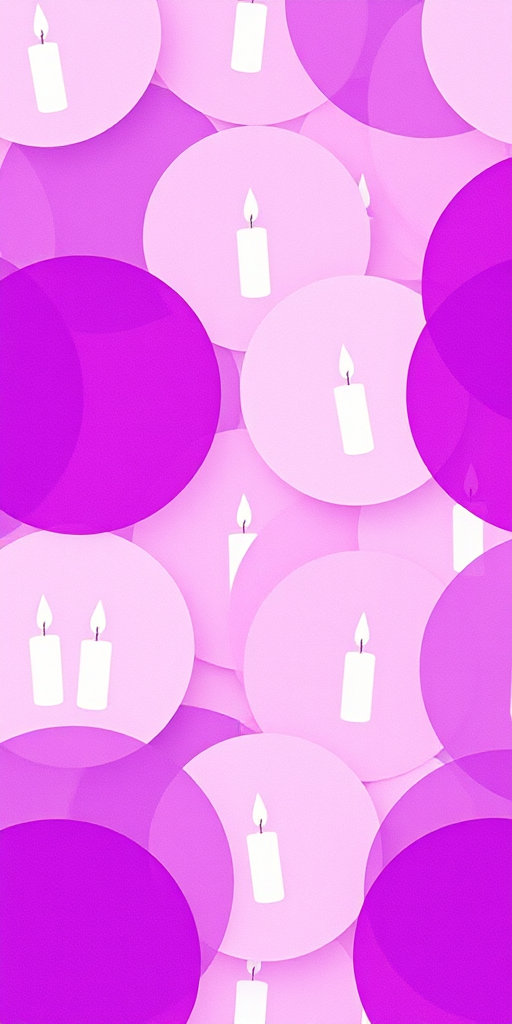 Create a vibrant pattern featuring overlapping purple and pastel circles with white candle illustrations, soft focus background, taken with a DSLR camera at f/2.8, ISO 100, 50mm lens, top-down view, bright and airy style.