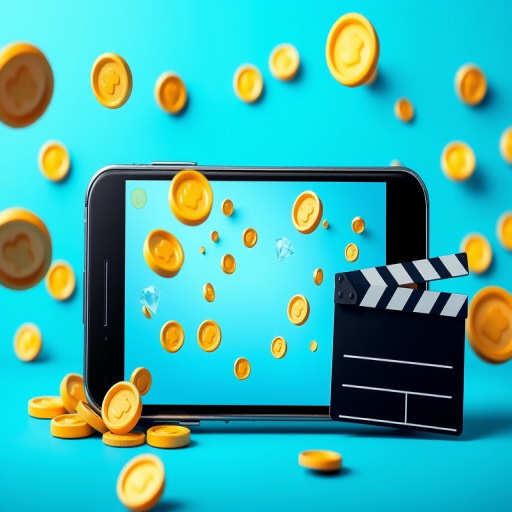 create a digital illustration of a smartphone displaying a game scene with animated flying coins, diamonds, and a film clapperboard on a vibrant blue background, using a wide-angle lens, f/2.8 aperture, ISO 100, 24mm focal length, shot from a slightly elevated angle to enhance depth.