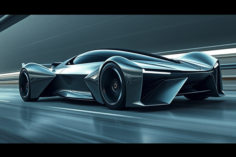 Create a sleek, aerodynamic design of a futuristic vehicle with sharp angles and a metallic finish, using a Canon EOS R5, f/2.8 aperture, ISO 100, 50mm lens, capturing in a high dynamic range style with a low-angle view to emphasize speed and motion.