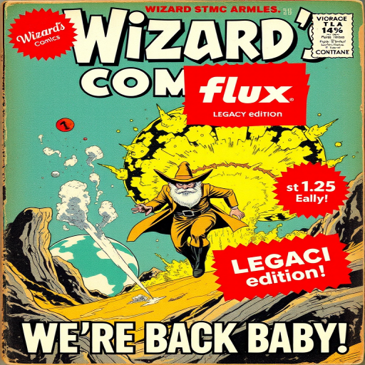 vintage comic book cover with the title "Wizard's Vintage Comics" in a large text covering the whole page. A large red sticker with white text reads "flux LEGACY edition". Featuring Wizard Whitebeard running away from an exploding planet earth. Large text in the bottom say "WE'RE BACK BABY!"