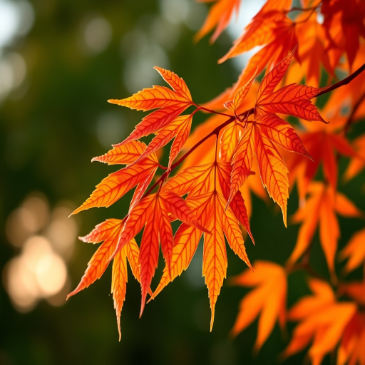 capture close-up of vibrant orange maple leaves against a blurred green background during golden hour, aperture f/2.8, shutter speed 1/250s, ISO 100, DSLR camera, shallow depth of field