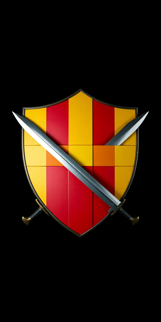 Create a high-resolution image of a shield design featuring alternating red and yellow stripes, surrounded by two crossed swords, shot with a DSLR camera at f/8 aperture, 50mm lens, ISO 100, in a studio setting with softbox lighting for even illumination.