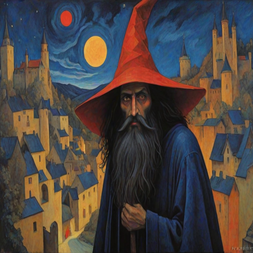 stylized by Paul Serusier, Dorina Costras, fractal manifold of a close up of a In a surreal landscape, a wizard with glowing red eyes and a long black beard wanders through the streets of an ancient castle.