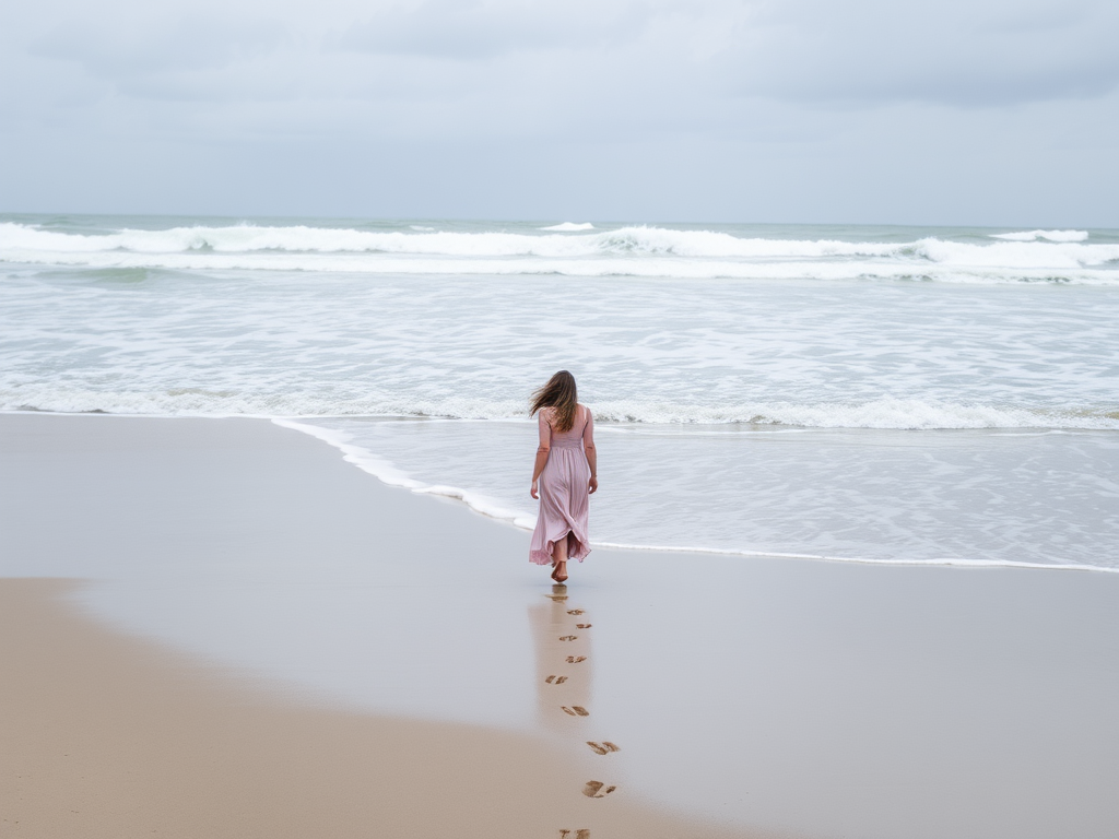 Empty, windswept beach, waves crashing against the shore, with a woman in a flowing dress walking along the edge of the water, her footprints trailing behind her.