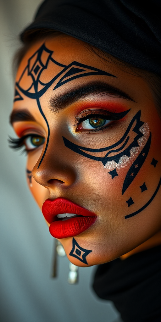 Create a high-contrast portrait of a woman with intricate geometric face paint and bold red lips, capturing her in a close-up with a soft focus background, using a Canon EOS 5D Mark IV with an 85mm f/1.2 lens, aperture set to f/1.8, ISO 100, and a shutter speed of 1/200s.