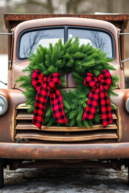 Generate an image of a vintage truck with a rustic appearance. The truck should have a festive Christmas wreath attached to the front, featuring lush green foliage and two large red and black checkered bows. The setting should evoke a warm holiday atmosphere, possibly with hints of winter greenery in the background.