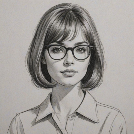 Elegant Elliot Page, pencil sketch, portrait of Elegant woman 1964s in glasses, hair style beatnik, outline, clear lines, fine lines, 8k